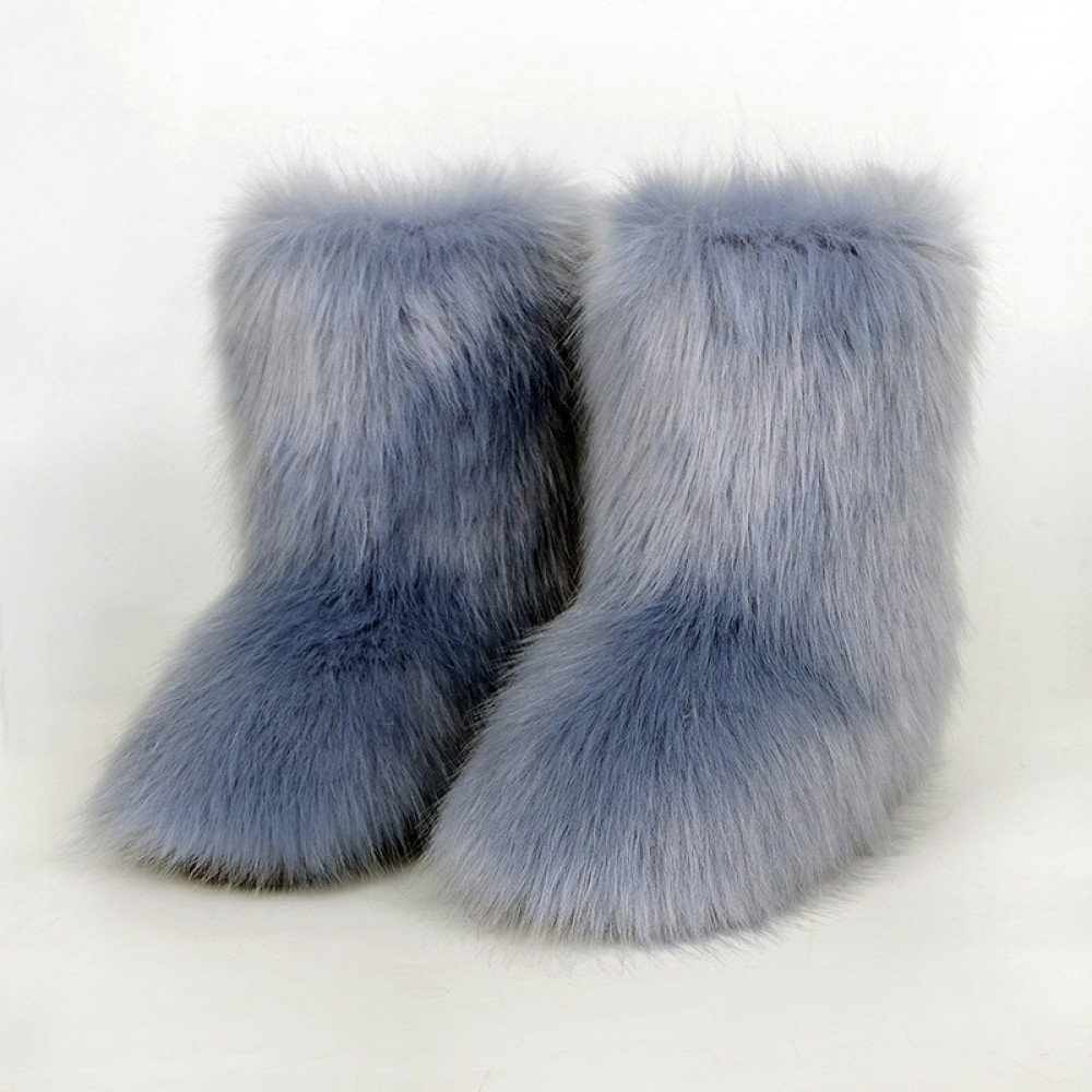 Women's Faux Fox Fur Boots Chic Black Mid Calf Winter Boots