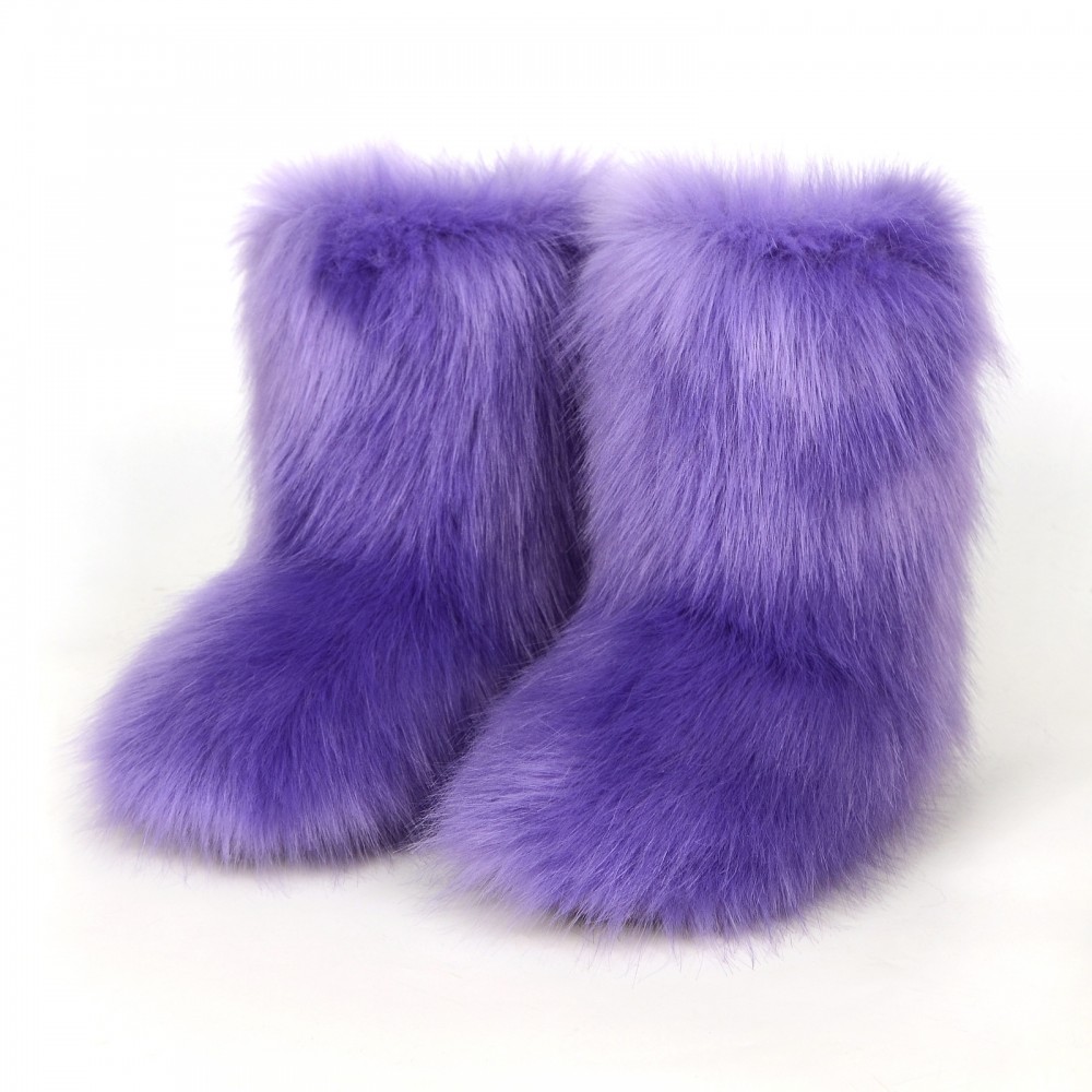 Women's Faux Fox Fur Boots Chic Black Mid Calf Winter Boots