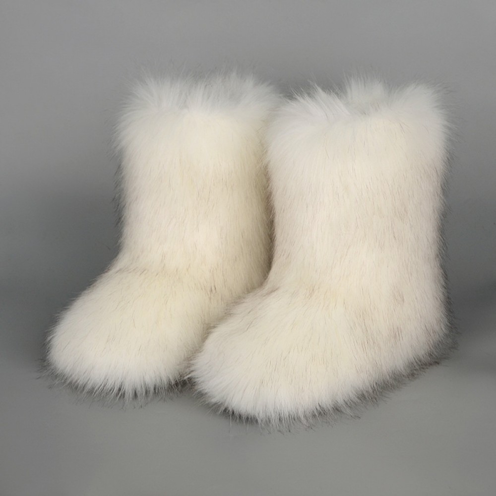 White Faux Fur Boots Fluffy Mid-Calf Winter Boots