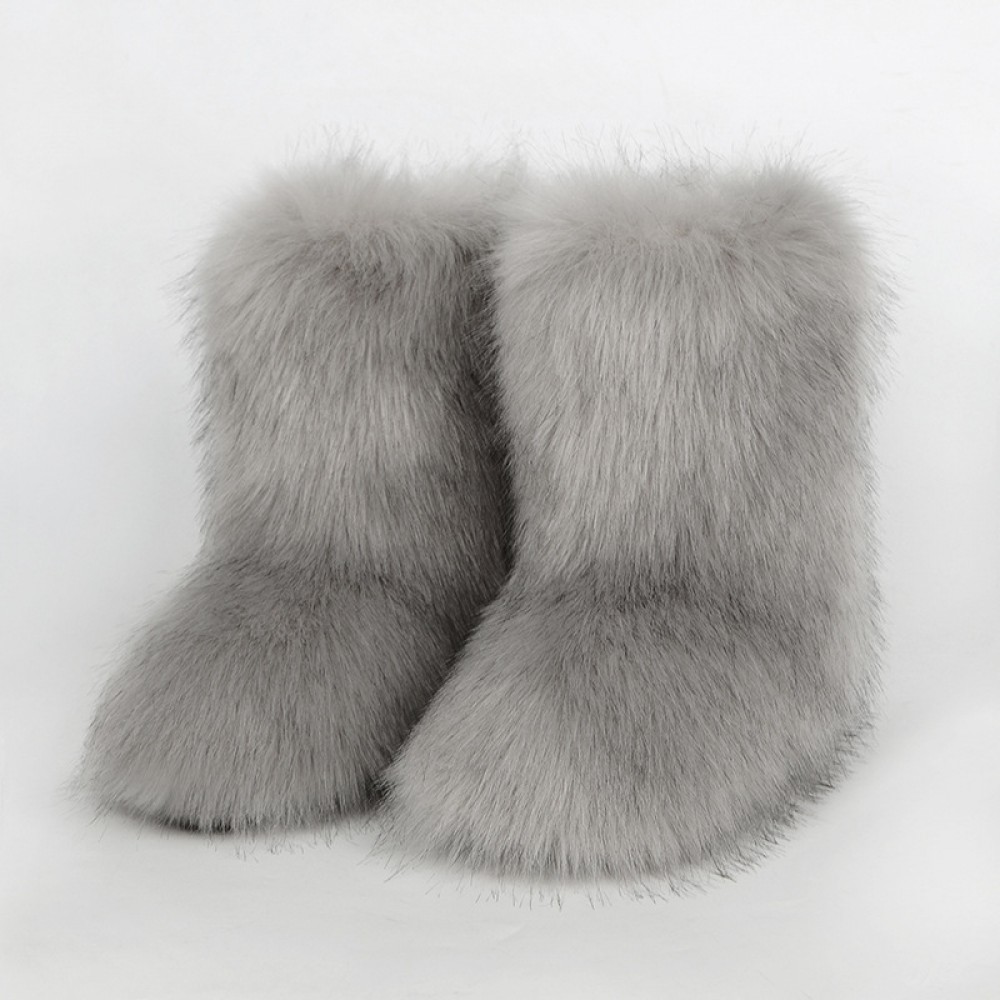White Faux Fur Boots Fluffy Mid-Calf Winter Boots
