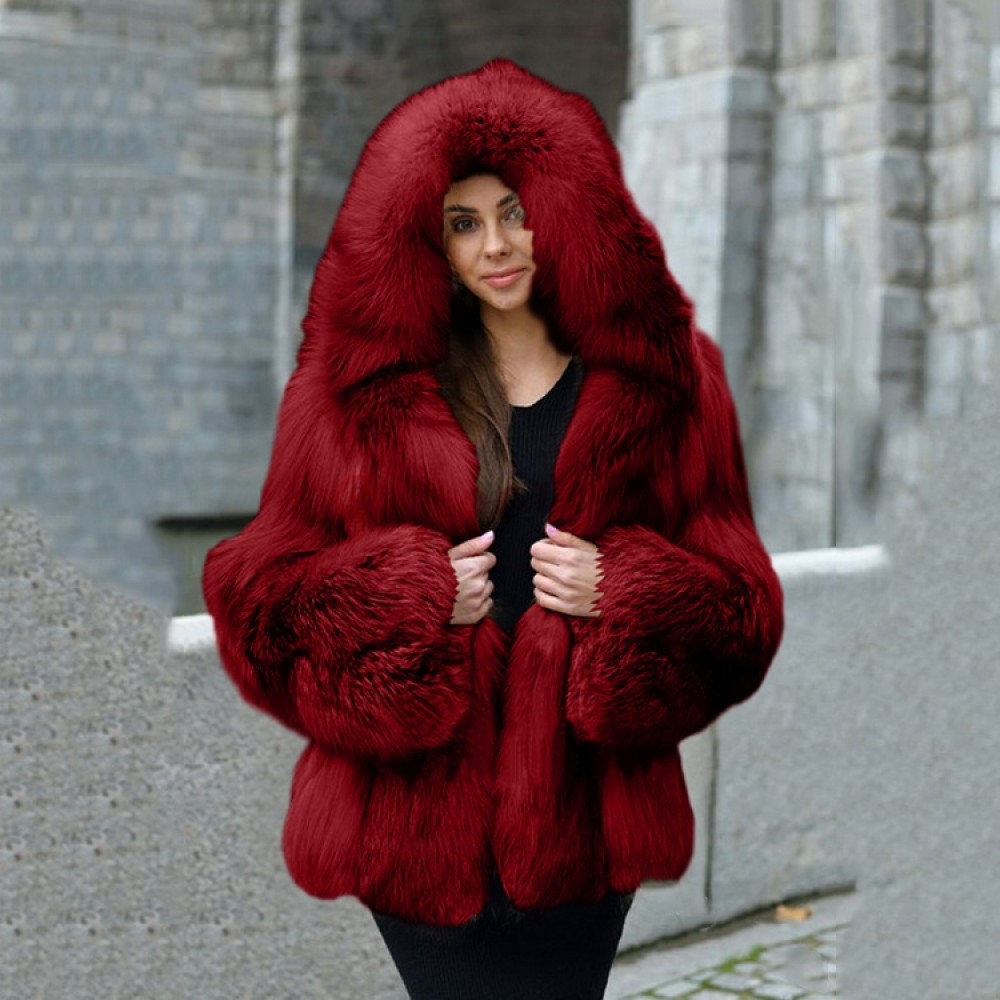 Women Hooded Winter Shaggy Faux Fur Open Front Short Jacket Fluffy Outwear Coat 
