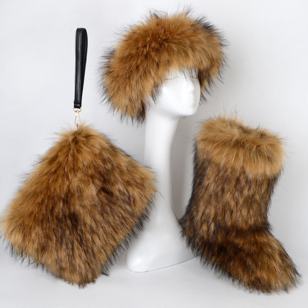 White Fluffy Faux Fur Boots with Matching Headband and Wristlet Bag Set