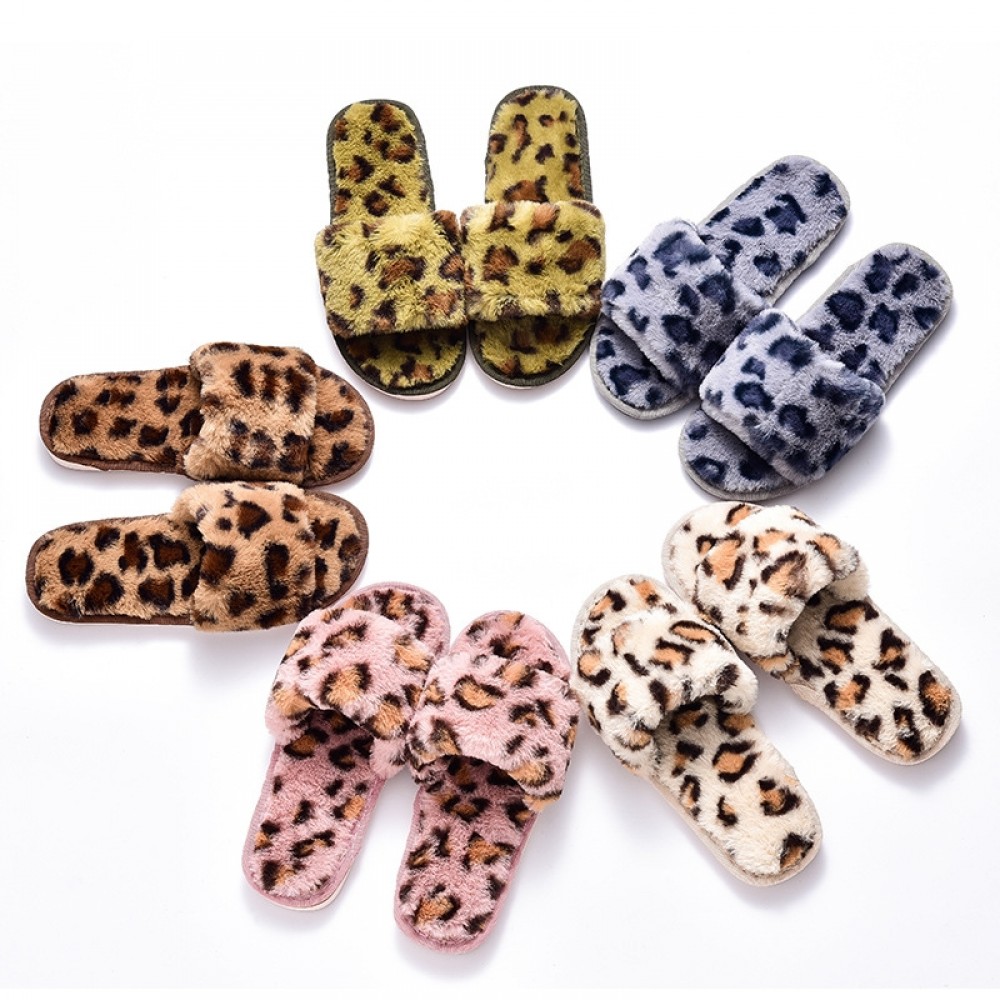 Diver Underline design Womens Leopard Fuzzy Slippers Chic Ladies Open Toe Slides