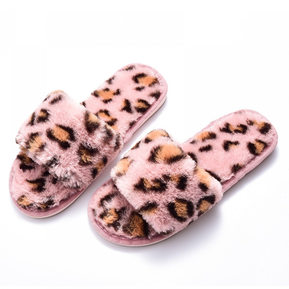 Ladies Womens Open Toe Slippers Faux Fur Slip On Flat Leopard Star Indoor Slider 