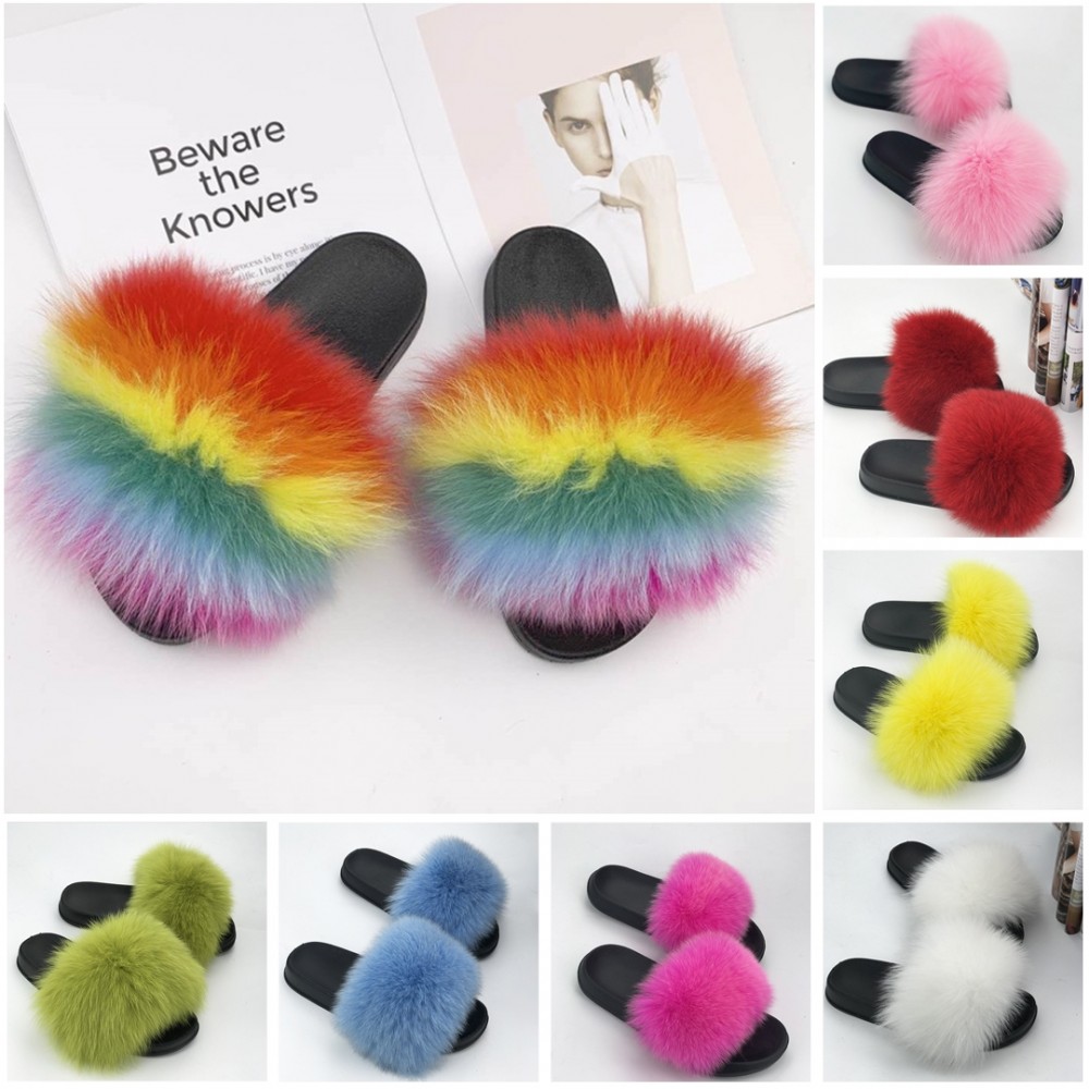 Rainbow Fox Fur Slides Chic Open Toe Outdoor Slipper Shoes