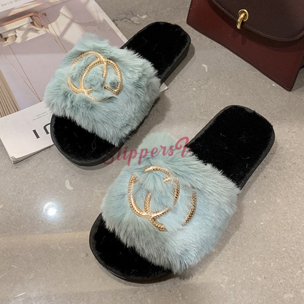 Women's Fluffy Slides with Letters Embroidered Fuzzy Slide Slippers