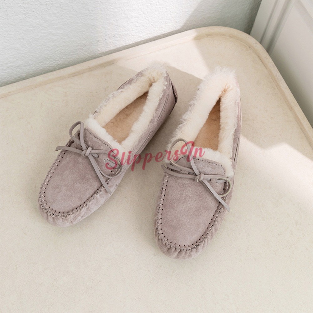 Womens Ladies Moccasin Slippers Grey Leather Suede Laced Mokkers 3 to 9 