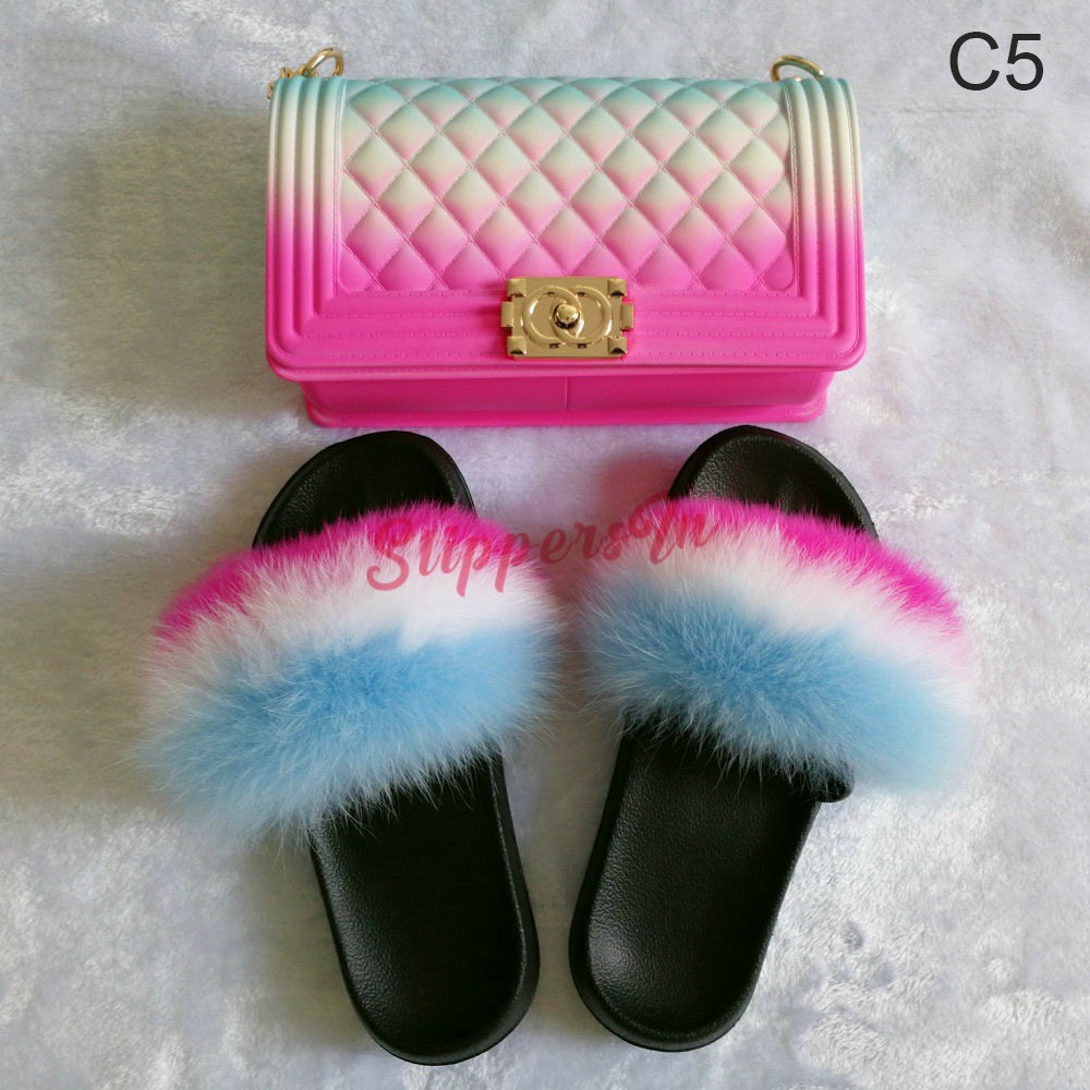 Rainbow Fox Fur Slides with Matching Jelly Handbags
