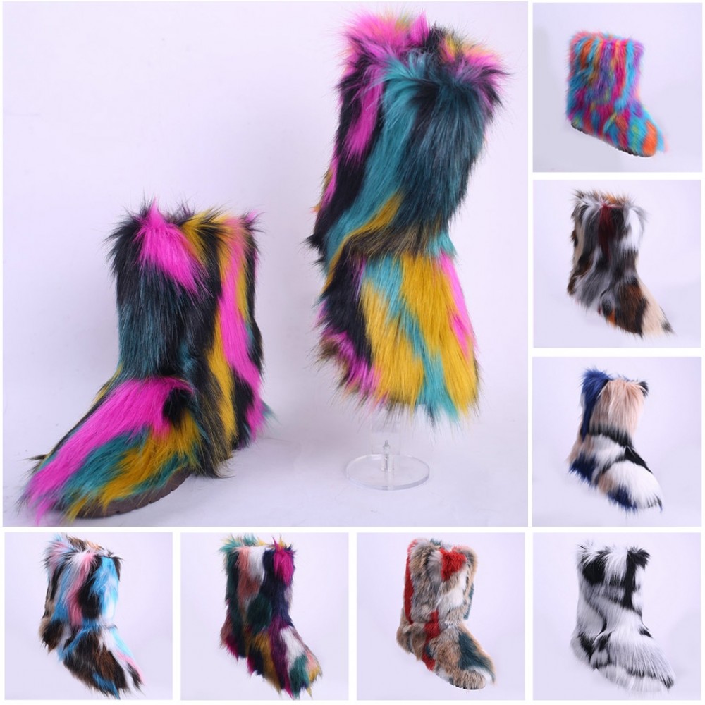 Fluffy Faux Fox Fur Boots Women's Mid-Height Winter Booties