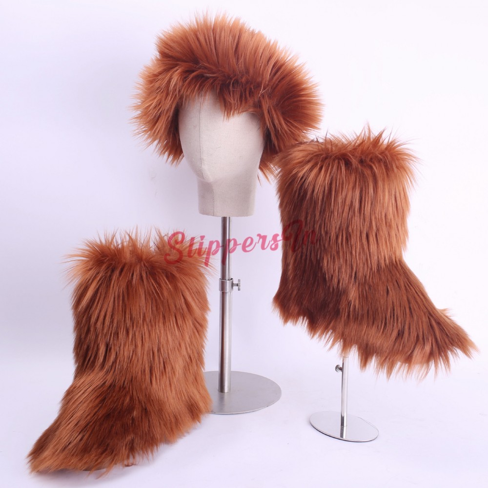 Faux Fox Fur Boots Solid Color Set for Women with Matching Furry Purse ...