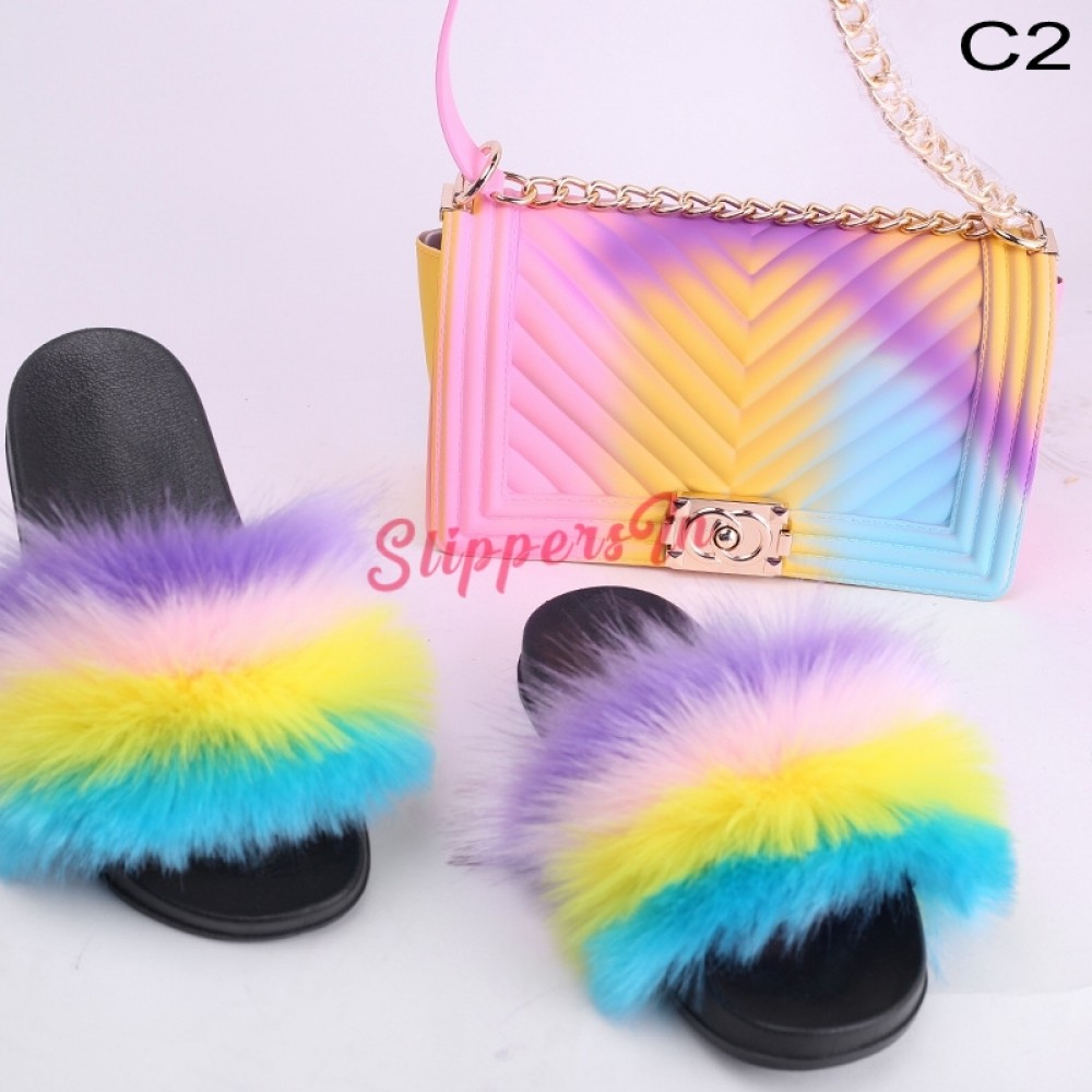 Faux Fox Fur Slides with Matching Jelly Purses Rainbow Fluffy Slides