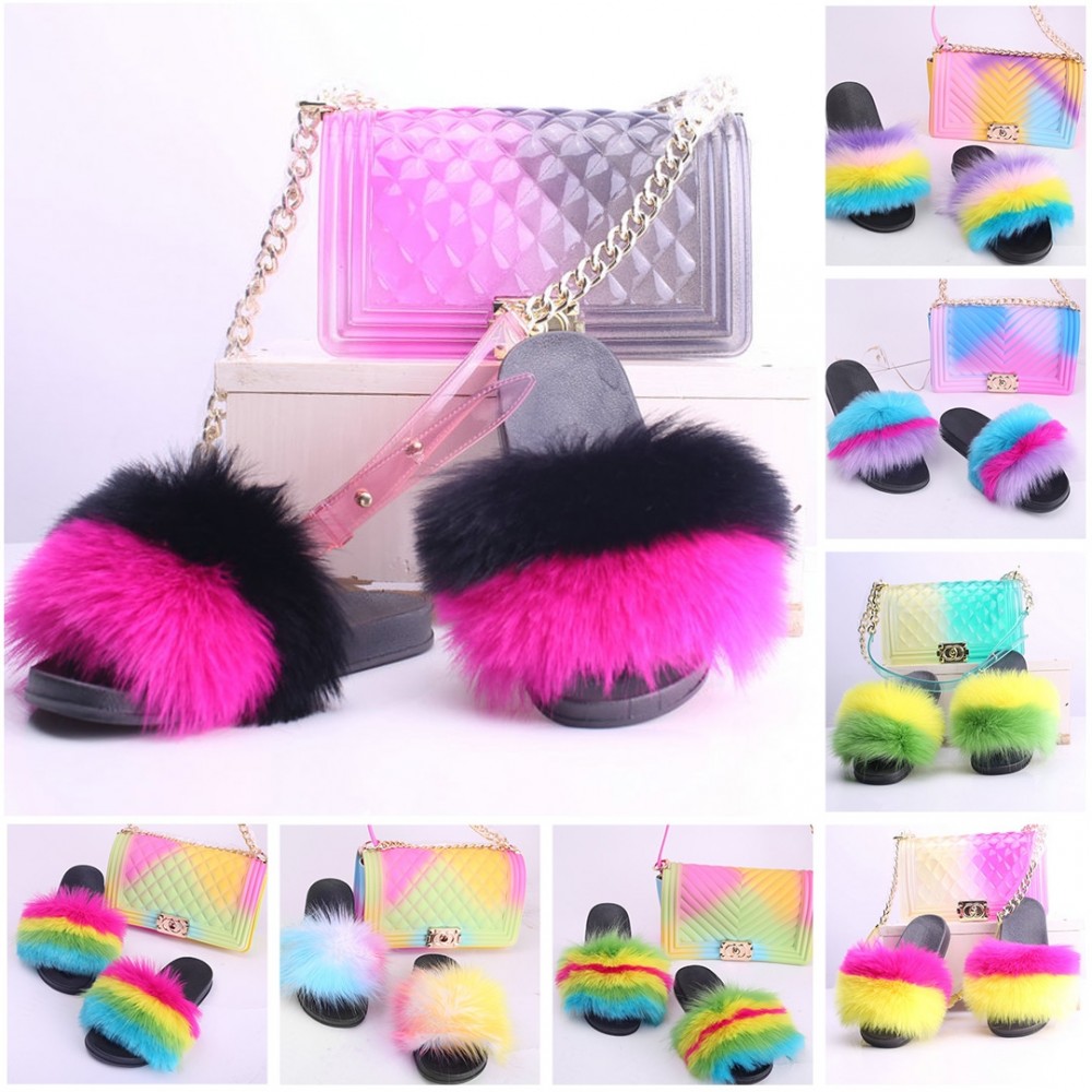 Faux Fox Fur Slides with Matching Jelly Purses Rainbow Fluffy Slides