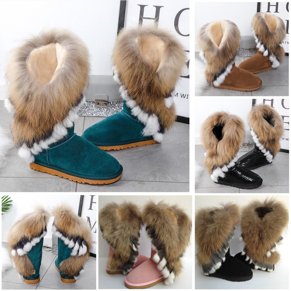 Womens Winter Snow Boots Classic Mid-Calf Cotton Shoes Faux Fox fur Fashion New
