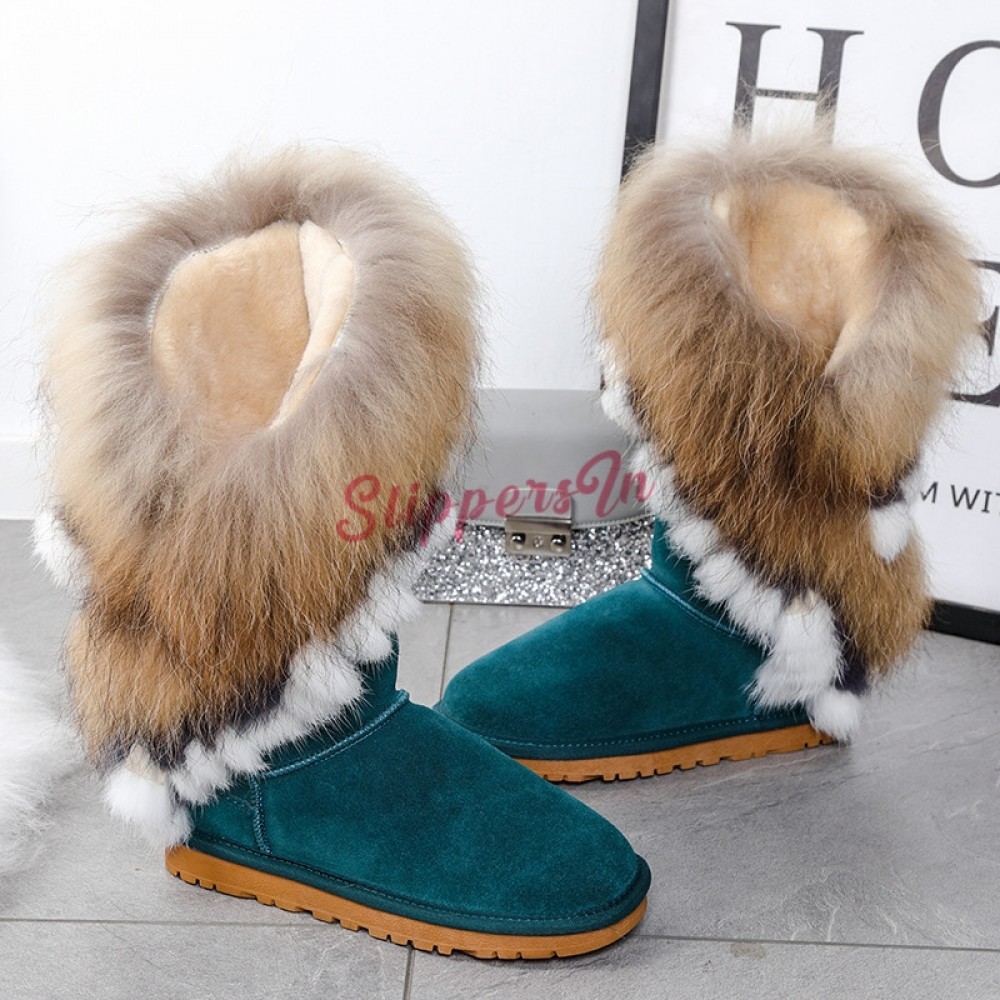 Womens Warm Assorted Color Rhinestone Fox Fur Furry Snow Mid Calf Boots Shoes 
