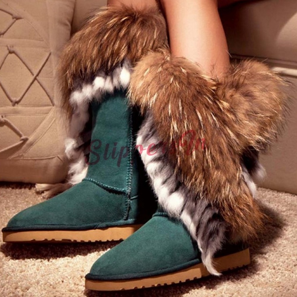 Fashion Women Big Fox Fur Snow Winter Suede Warm Knee High Boots lady Shoes P742 
