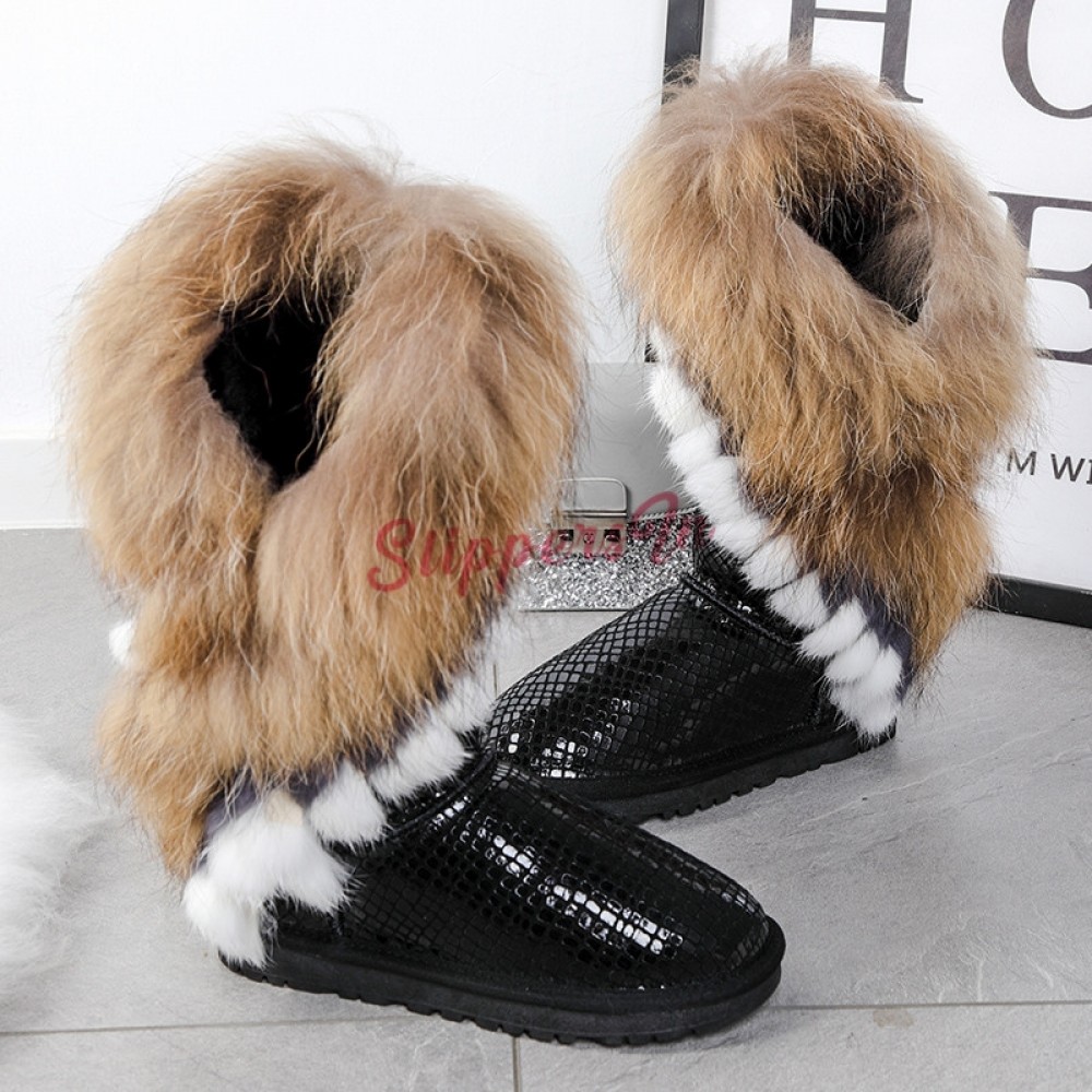 Fashion Women Big Fox Fur Snow Winter Suede Warm Knee High Boots lady Shoes P742 