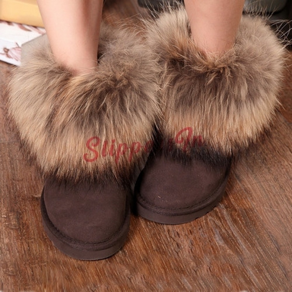 Women's Fluffy Fox Fur Suede Leather Winter Boots Warm Snow Boots Flats Brown 