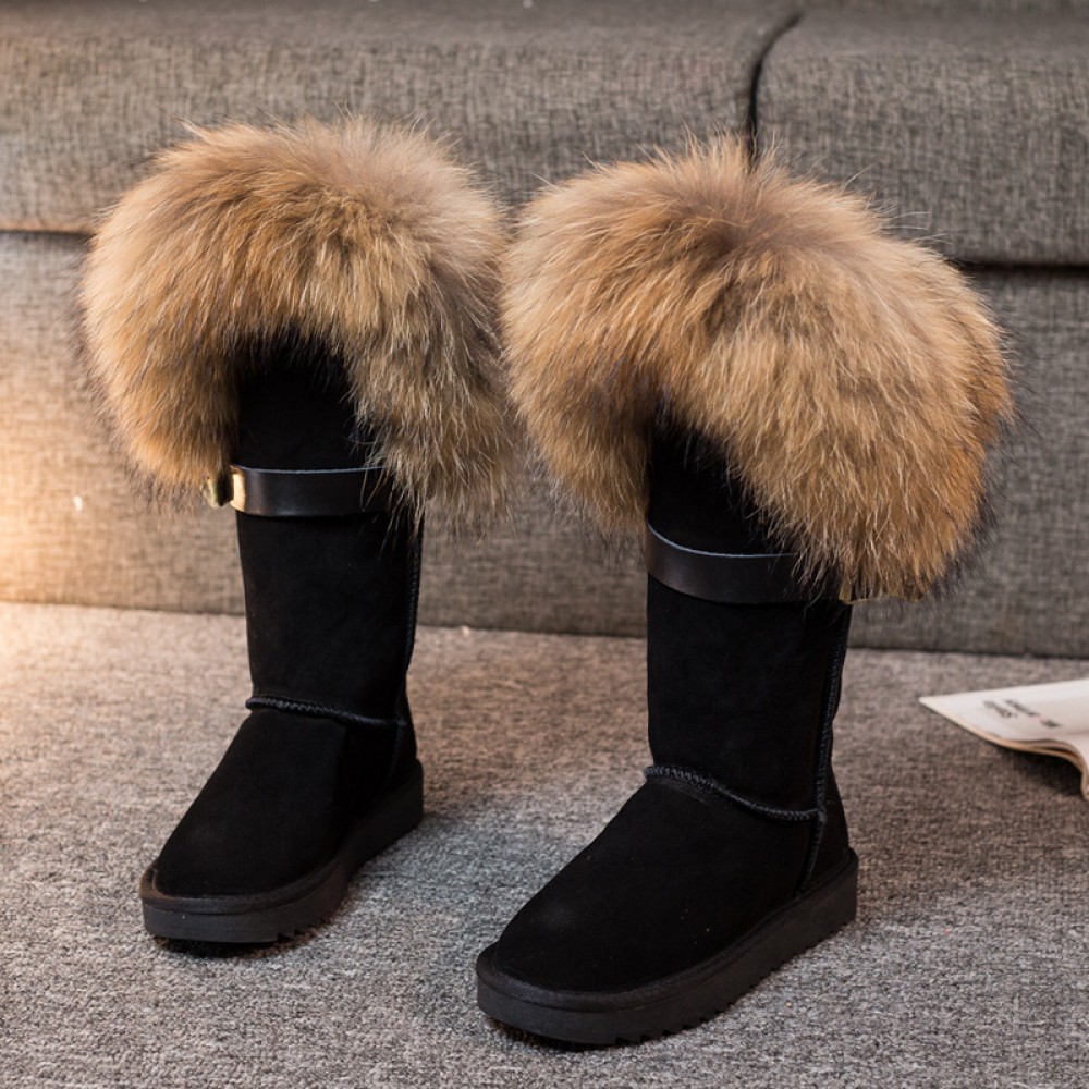 New Womens Mink Fox Fur Shoes Flat Heel Boots Winter Warm Trendy Casual Occident 