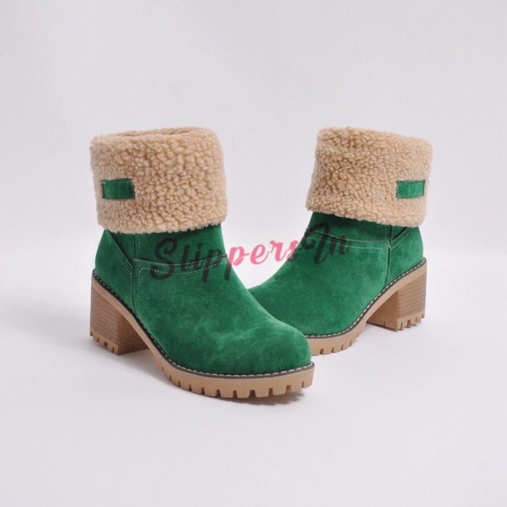 Winter Boots for Women Stylish Fold Suede Chunky Mid Heel Round Toe Short Snow Ankle Boots 