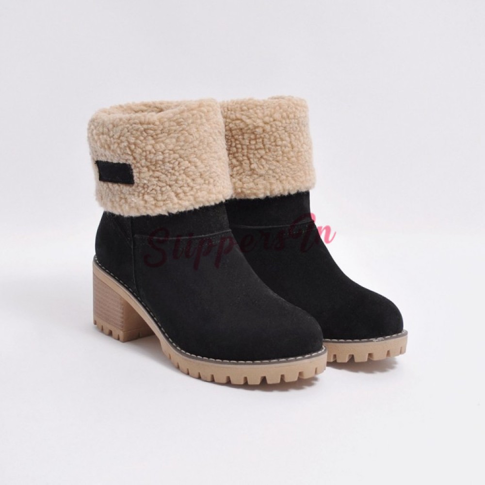 Faux Fur Lined Womens Suede Winter Ankle Boots Fold Over Ladies Size 3 4 5 6 7 8 