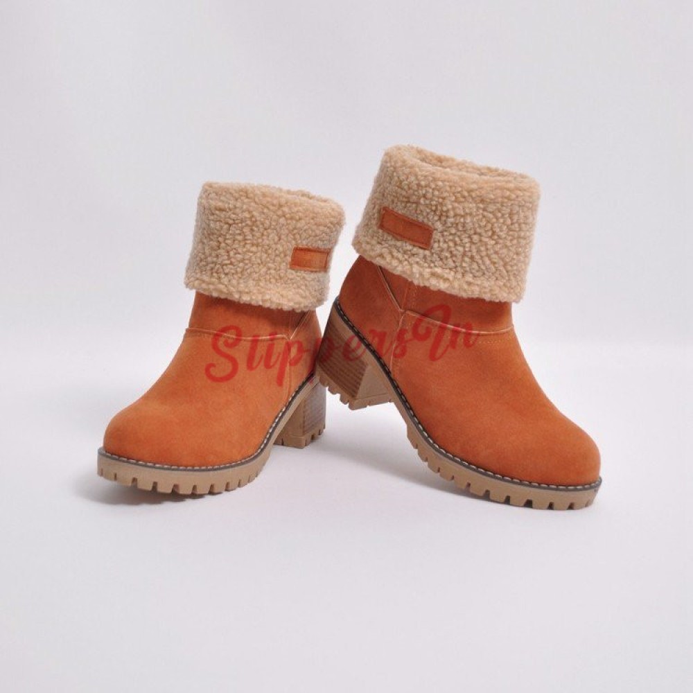 Winter Boots for Women Stylish Fold Suede Closed Toe Mid-Calf Zipper High Snow Boots 