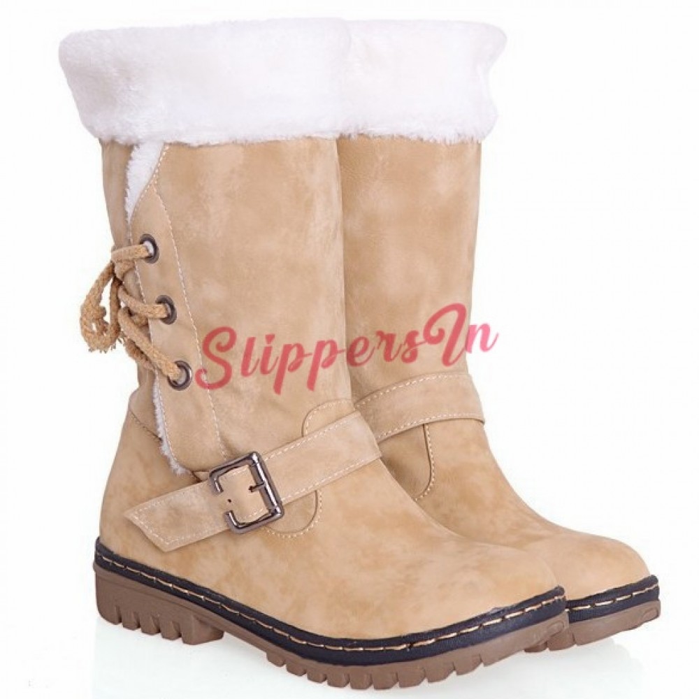 Ladies Womens Ella Mid Calf Snow Flat Boots Winter Soft Warm Faux Fur Line Size 