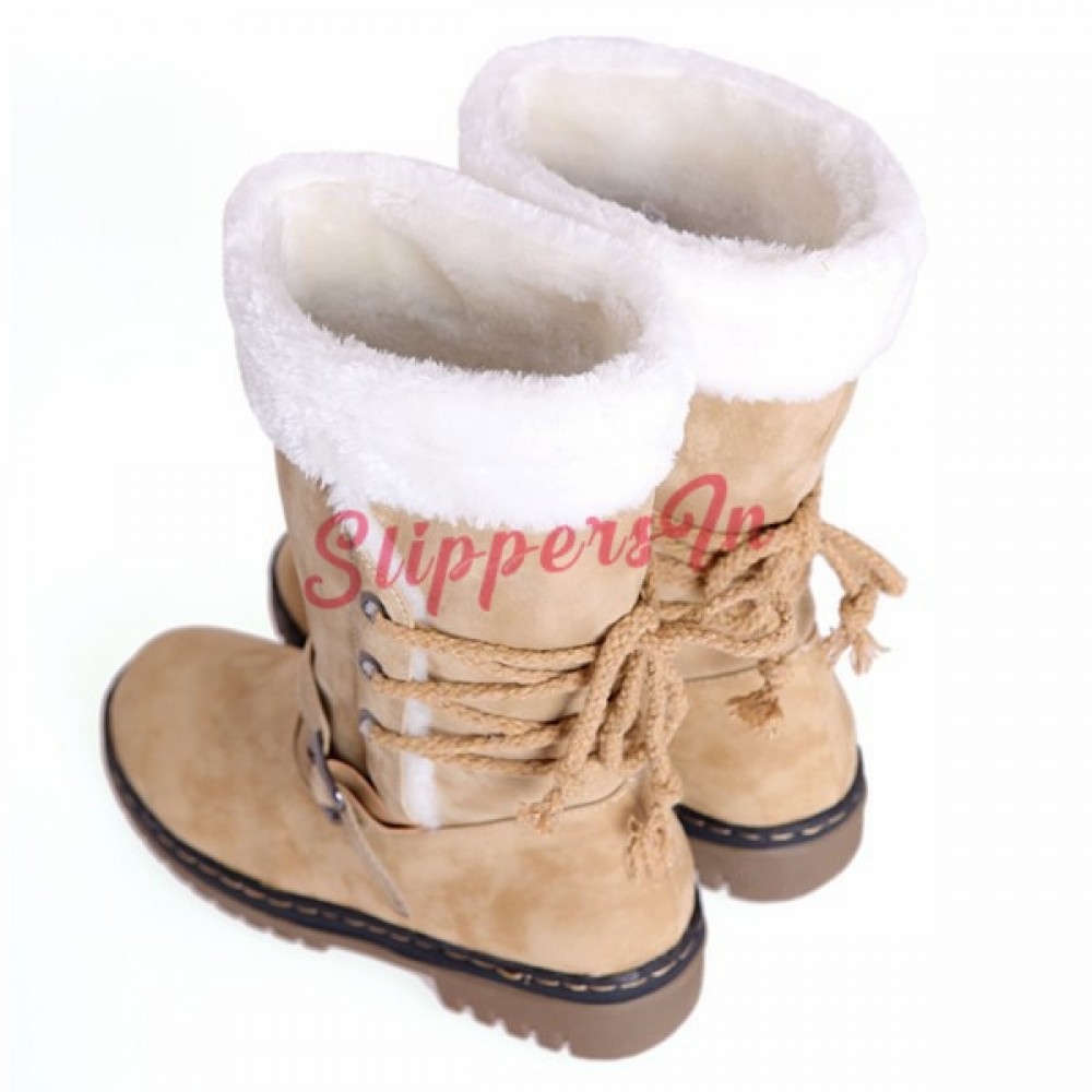 Women's Snow Boots Faux Fur Mid Calf Waterproof Leather Winter Boots