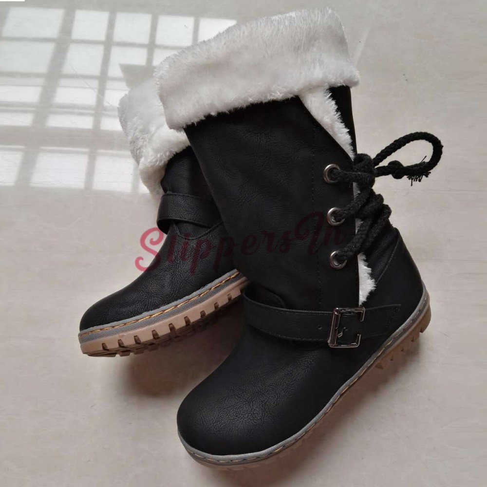Women's Warm Snow Boots Thicken Fur Scrub Mid Calf Shoes Rhinestone Buckle Flats 