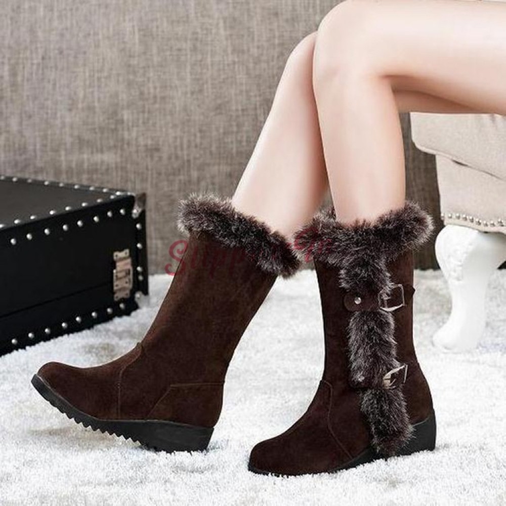 Winter Women's Fur Trim Buckle Strap Boots Fur Lined Mid Calf Boots Shoes Wedge 