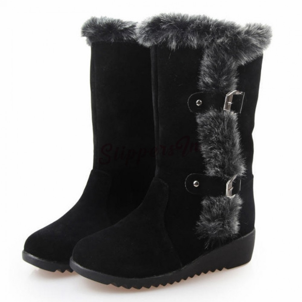 Women's Faux Fur Snow Boots Black Mid-Calf Wedge Winter Boots