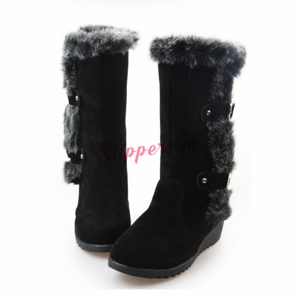 Women's Wedge Heel Winter Knee High Snow Boots Fur Lined Suede Mid-Calf Shoes 