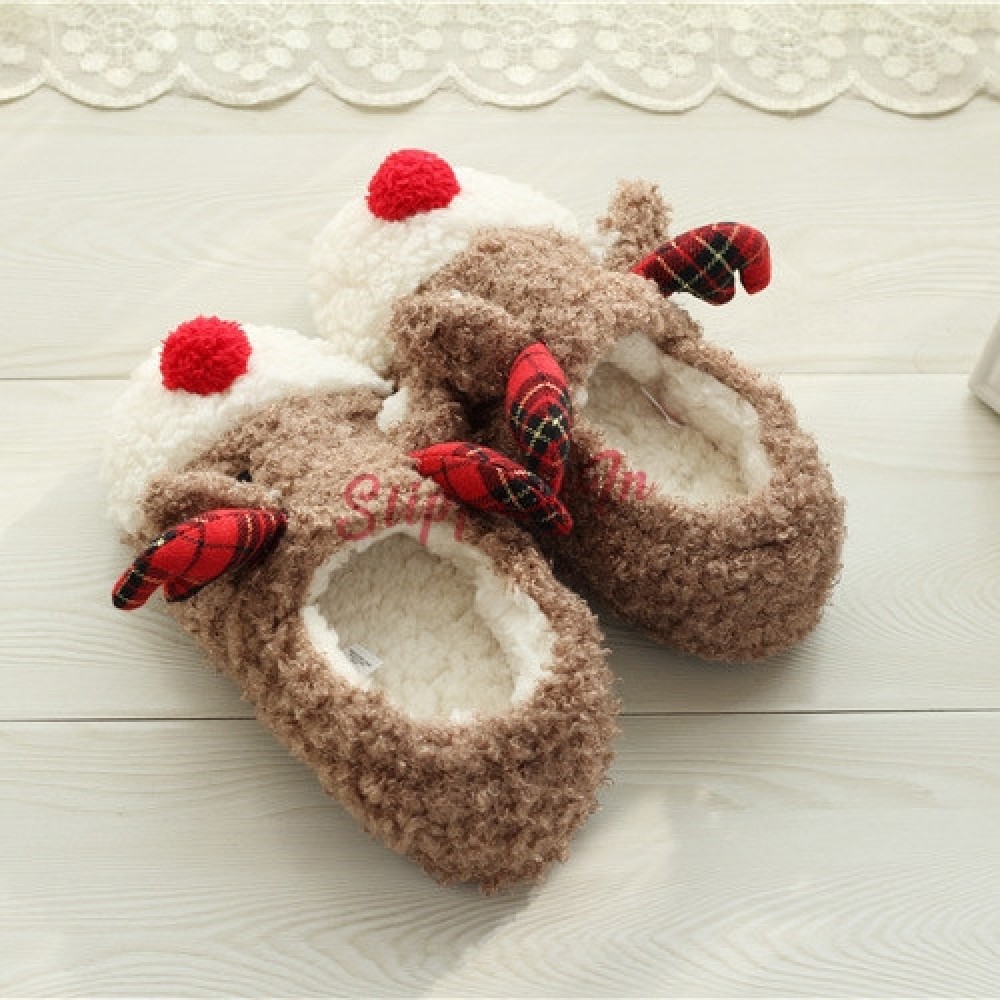 Women's Christmas Slippers Reindeer Fleece Warm House Shoes