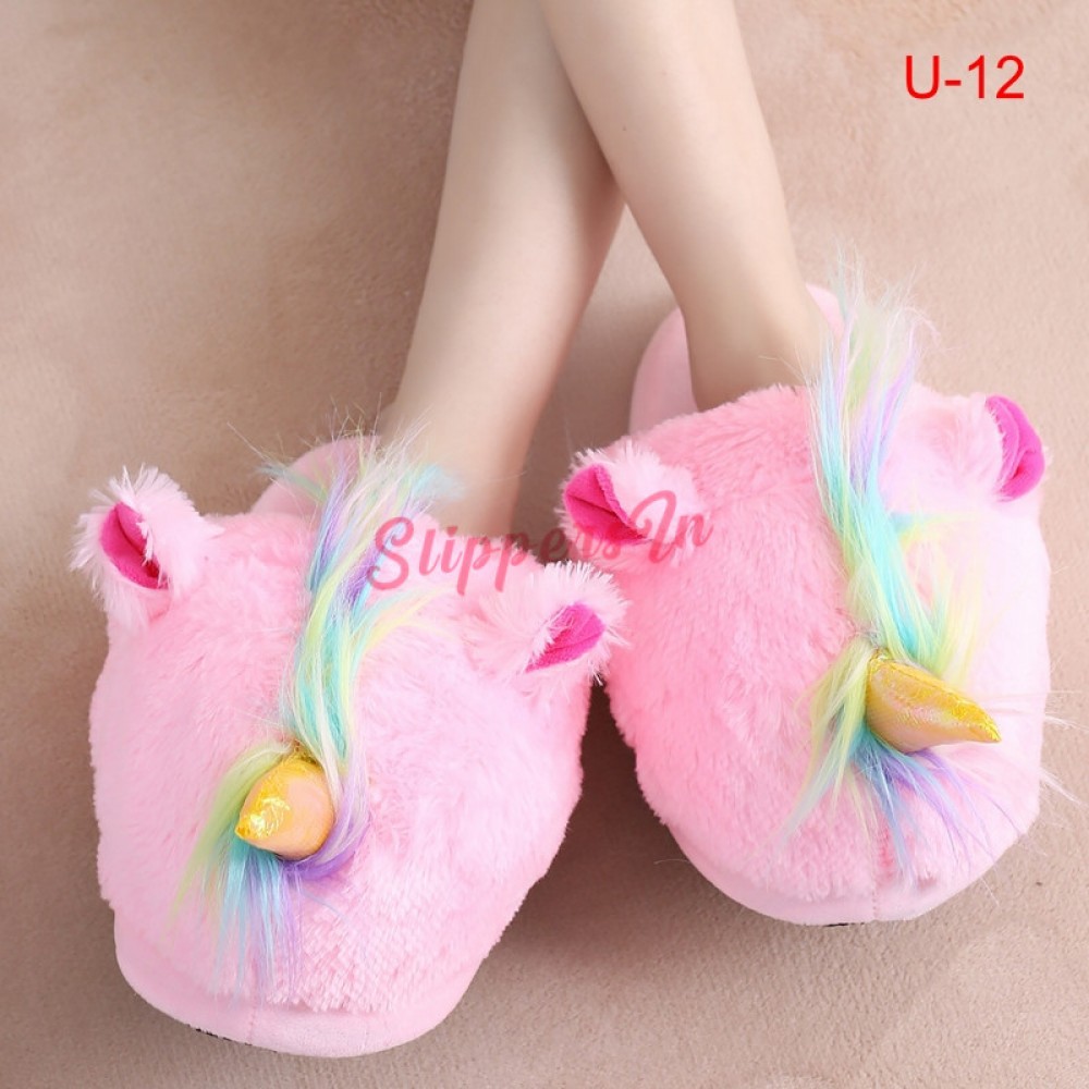 Dream Bridge Unicorn Cute Slippers Plush Fleece Warm Indoor Outdoor Slip-on Fluffy Booties Rainbow Shoes for Girls 