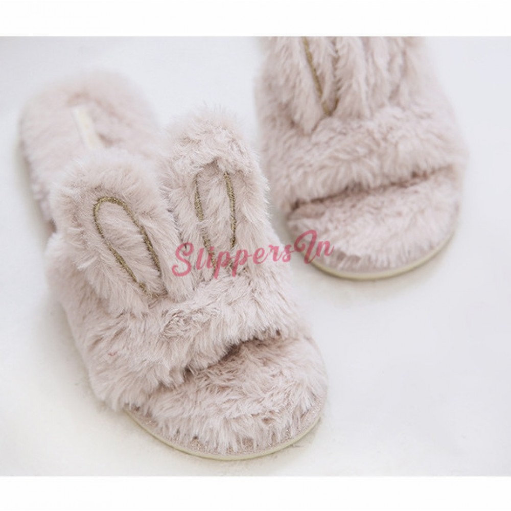 Girls Pink Grey Fluffy Faux Fur Bunny Rabbit Mules Slippers Size 11 12 13 1 2 
