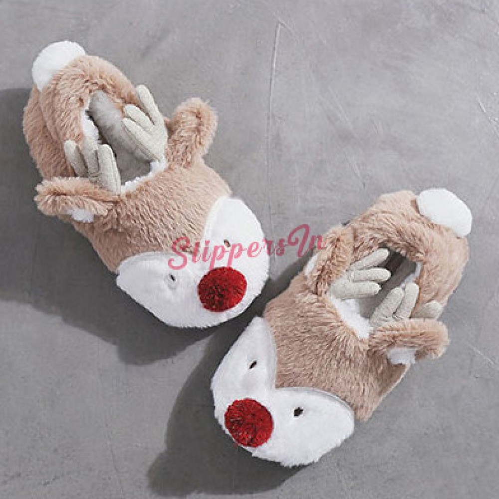 BAOBAO Cute Elk Embroidery House Slippers Couples Plush Christmas Non Slip Slippers Deep Grey