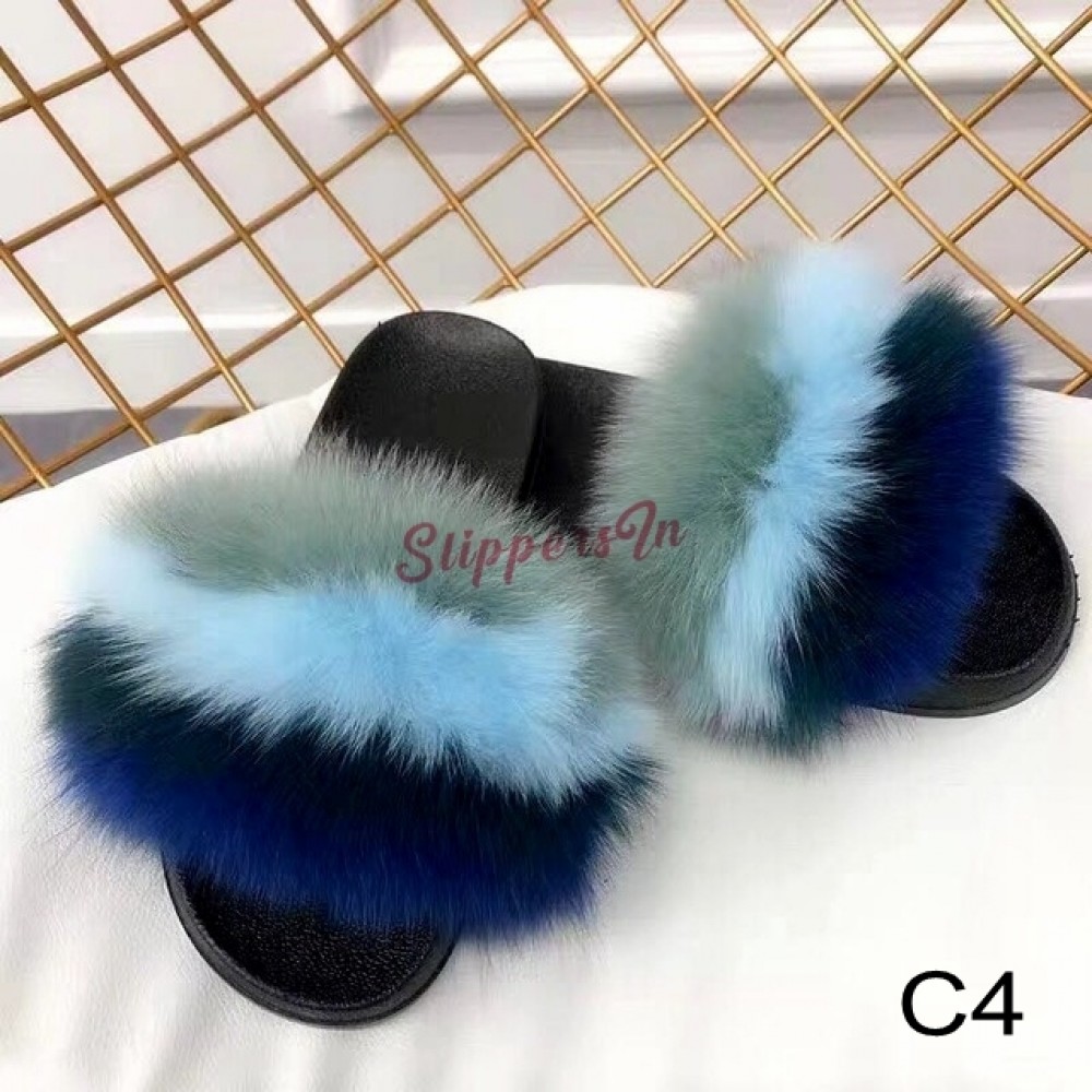2019 Womens Summer Outdoor Slippers Real Fur Slippers Rainbow Colors Women Slippers Beach Fox Fur Slides,See as pic,10