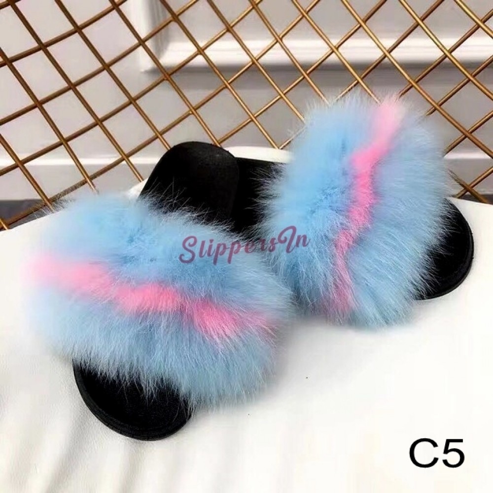 2019 Womens Summer Outdoor Slippers Real Fur Slippers Rainbow Colors Women Slippers Beach Fox Fur Slides,See as pic,6