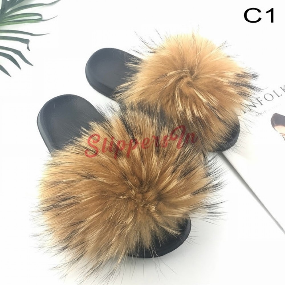 Real Fox Fur Slides Plus Size Summer 2019 Open Toe Fluffy Real Hair Slippers Flat Slip On Flip Flops Casual Furry Shoes,7,9 