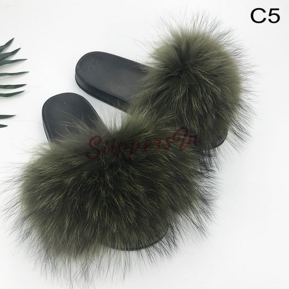 Customizable Color Real Fox Fur Slippers Flip Flops Slip On Slides Shoes Non-Slip Fluffy Slippers Shoes Women,PVC Light 