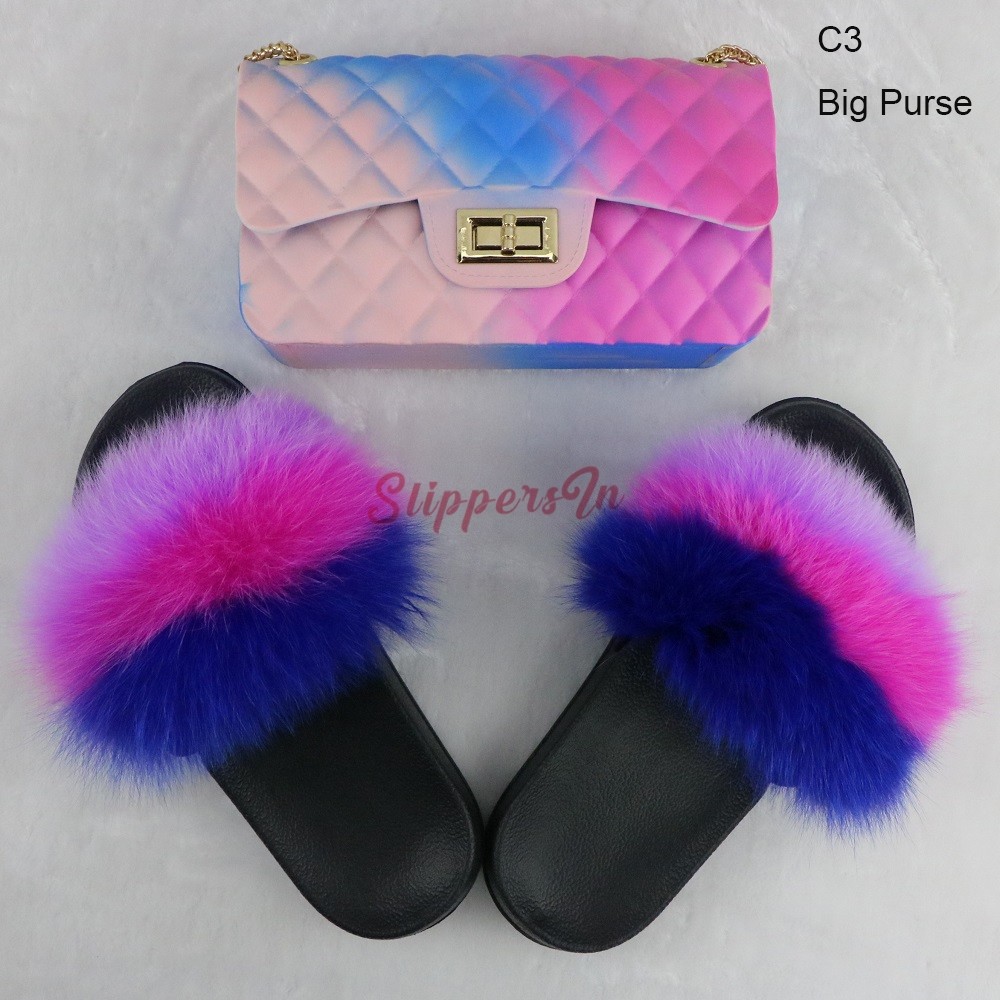 Colorful Women's Fur Slides with Matching Ombre Rhombic Purses