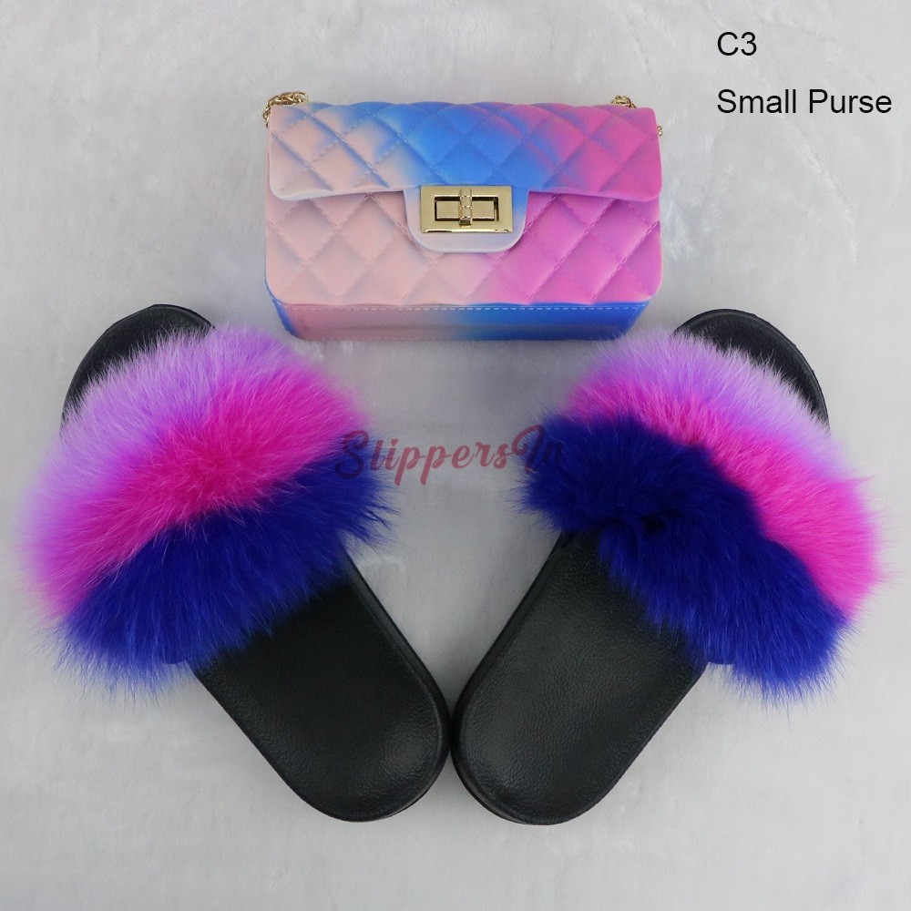 Colorful Women's Fur Slides with Matching Ombre Rhombic Purses