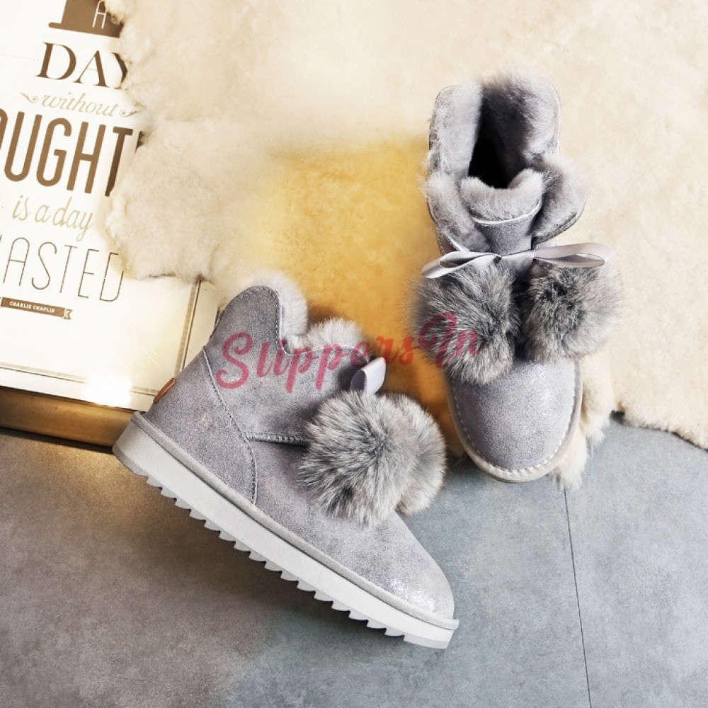 Shiny Women's Ankle Boots Fur Pom Pom Winter Shearling Snow Boots