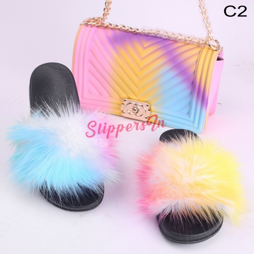Rainbow Fur Slides with Matching Jelly Handbags Cute Fur Sandals