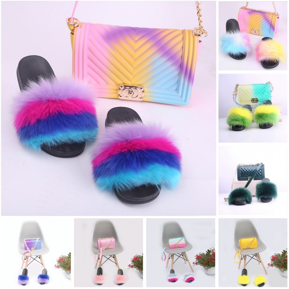 Rainbow Fur Slides with Matching Jelly Handbags Cute Fur Sandals