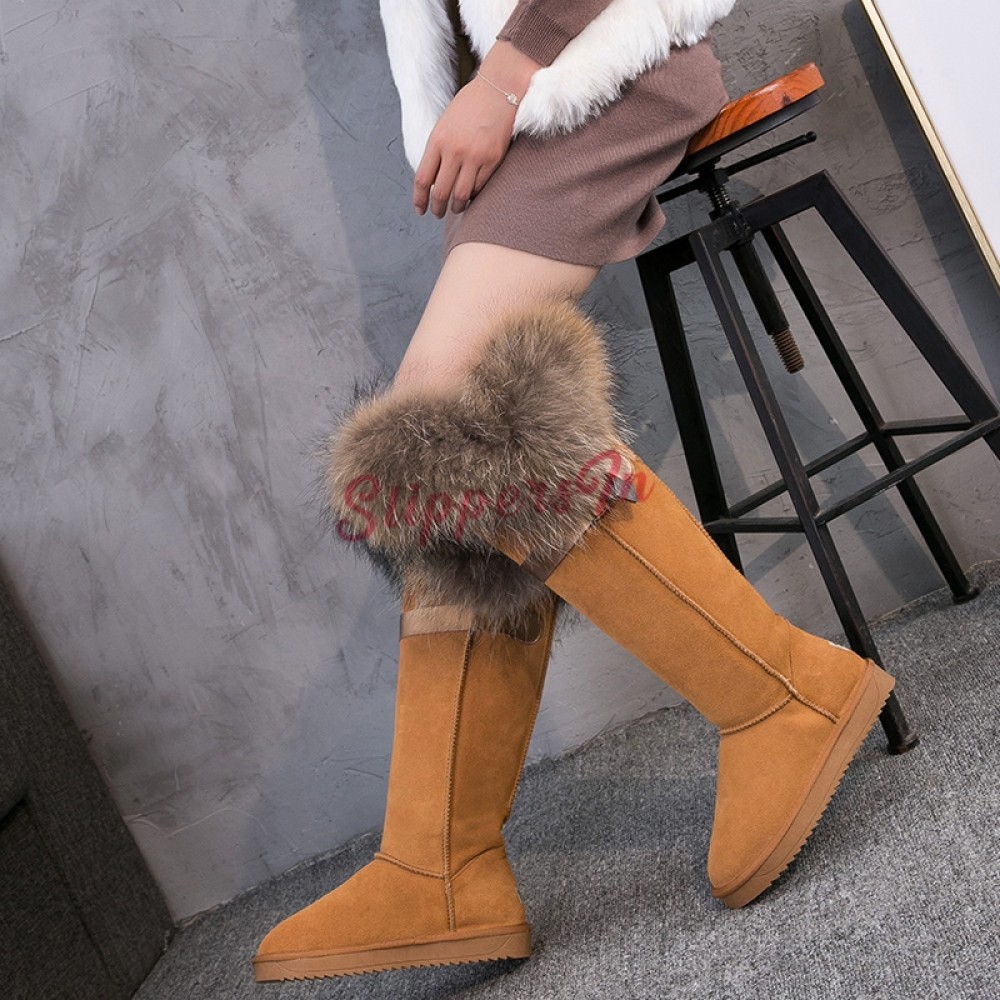 Women's Faux Fur Winter Snow Tall Boots Flat Heels Over Knee Thigh High Shoes 