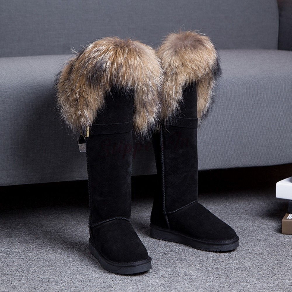 Chic Women'S Tall Fur Boots Suede Winter Flat Knee High Boots