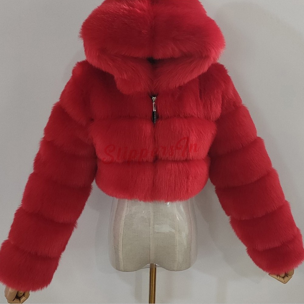 Women's Short Faux Fur Coat Hooded Cropped Fur Jacket