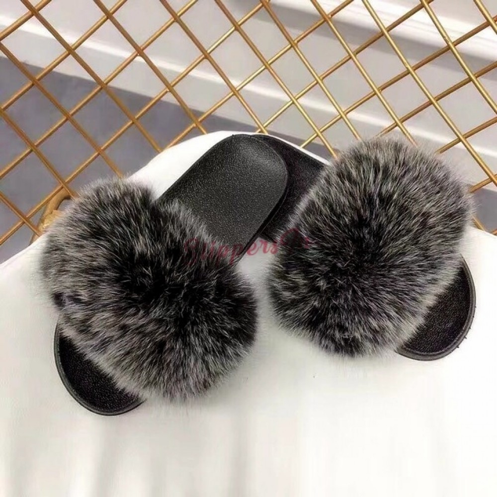 Pink/Brown/White-Max Large XXL Real Fox Fur Slides Slippers Beach Sandals  Shoes
