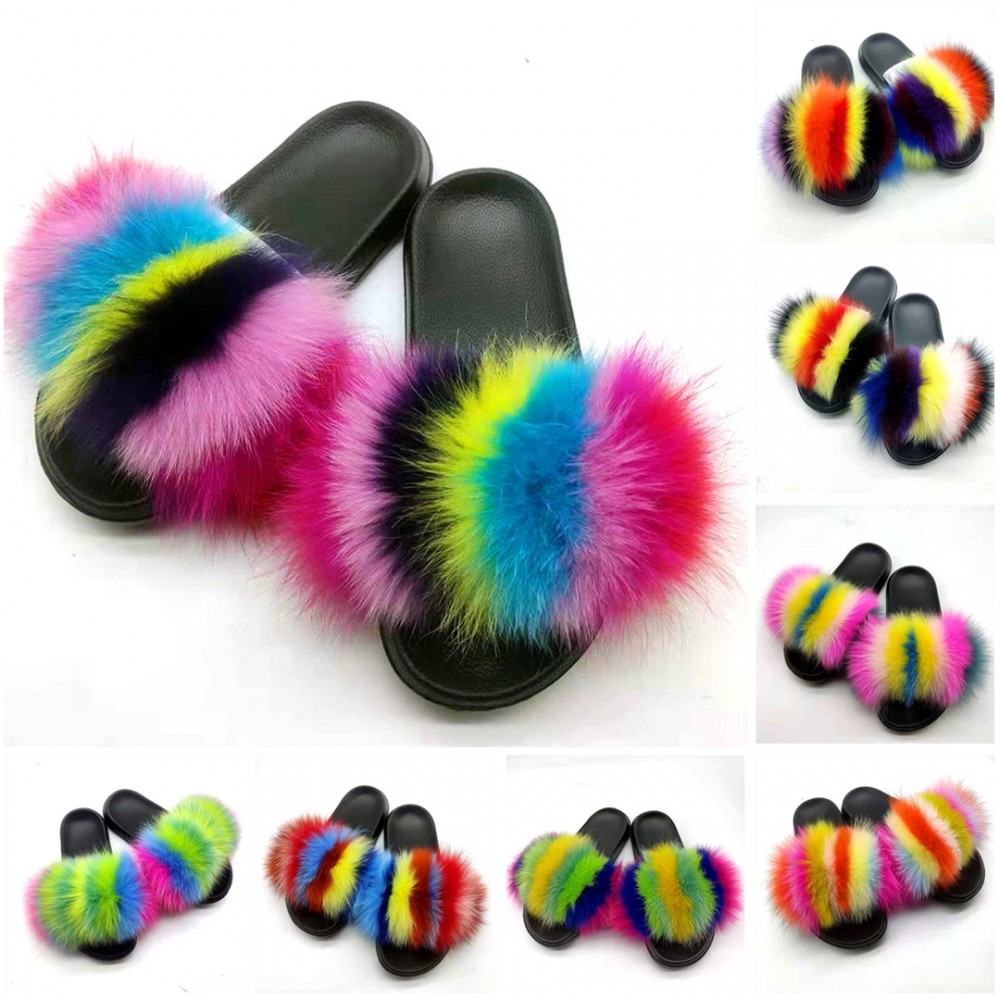Colorful Real Fur Slides Rainbow Furry Slippers