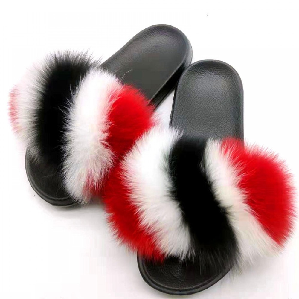 Jancoco Max Real Fox Fur Slides for Women - Furry Slides Fluffy Fur Slippers Open Toe Flat Slides Fur Sandals Outdoor